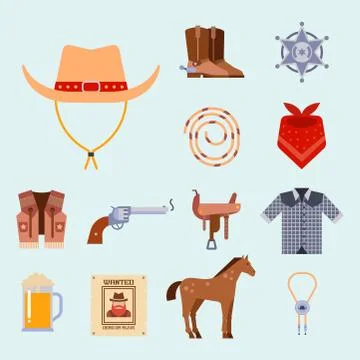 Wild west elements set icons cowboy rodeo equipment and different accessories 스톡 일러스트