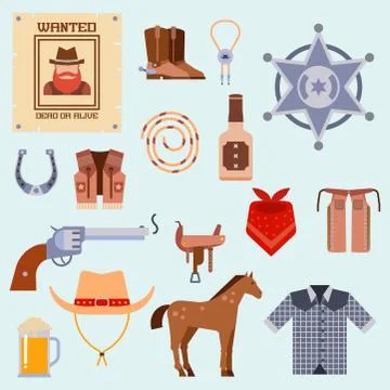 Wild west elements set icons cowboy rodeo equipment and different accessories 스톡 일러스트