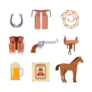 Wild west elements set icons cowboy rodeo equipment and different accessories 스톡 일러스트
