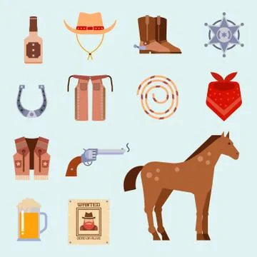 Wild west elements set icons cowboy rodeo equipment and different accessories Illustrazione stock