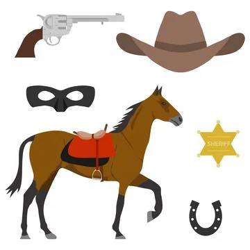 Wild West. Elements of the wild west. A horse, a cowboy's cap, a sheriff's Stock Illustration