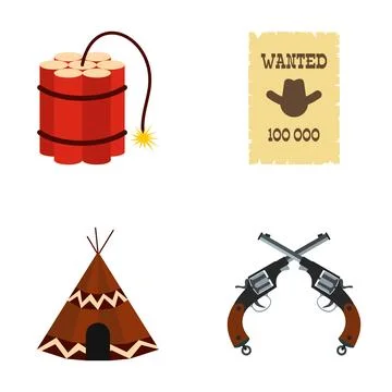 Wild west frontier icons dynamite wanted poster teepee revolvers Stock Illustration