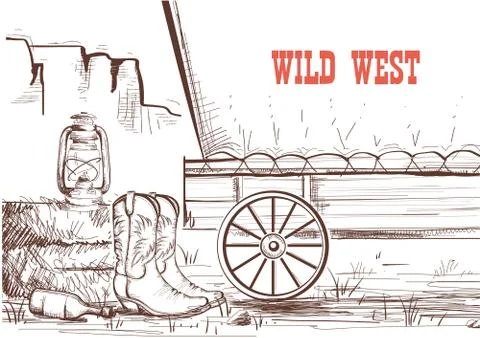 Wild west hand draw background with cowboy boots and western wagon. Stock Illustration