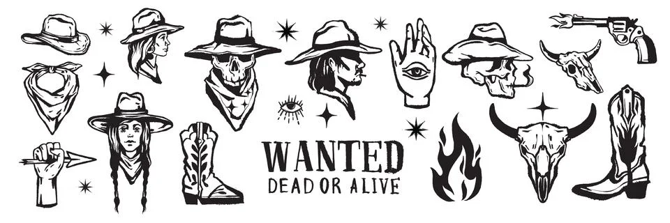 Wild West icon set, vector grunge Texas cowboy tattoo, boho hand drawn イラスト素材