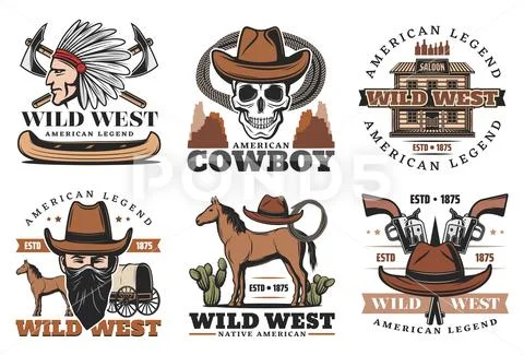Wild West icons, cowboy and horses Stock Illustration