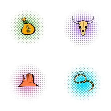Wild west icons set comic book style Stockillustratie