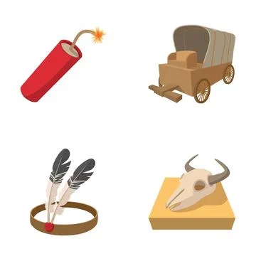 Wild west icons set with dynamite wagon skull Stock Illustration