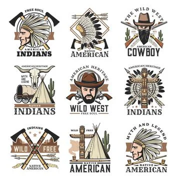 Wild West isolated vector icons set, vintage signs Stock Illustration