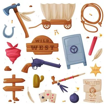Wild West Objects with Hatchet, Lasso, Wagon, Wooden Signboard, Pistol, Pipe and Stock Illustration