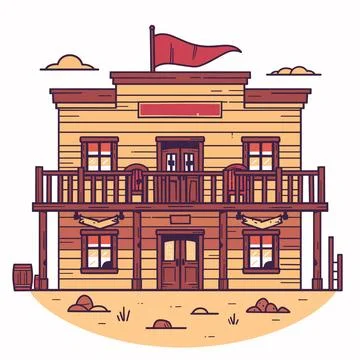 Wild West saloon vector illustration, wooden building balcony red flag. Western Stock Illustration