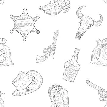 Wild West Seamless Pattern, Western, Cowboy Hand Drawn Symbols Monochrome Vector Stock Illustration