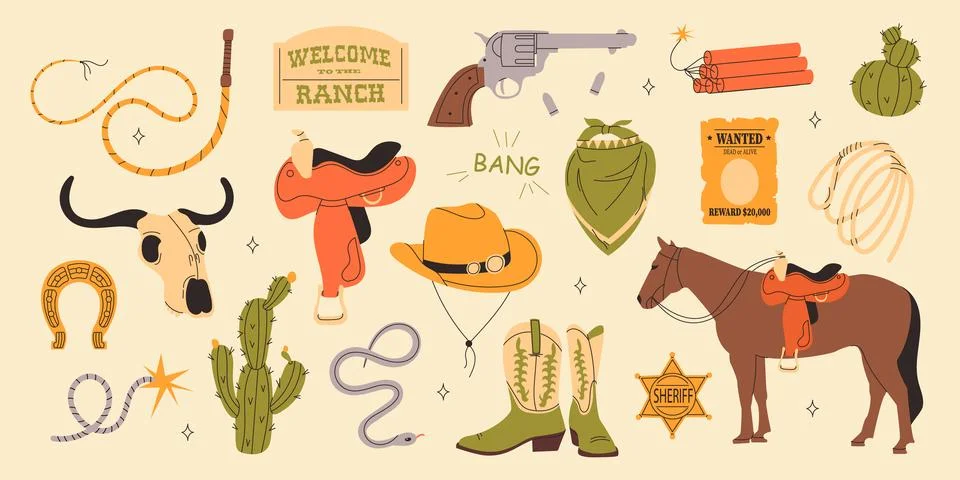 Wild west set. Cute set of cowboy elements Illustrazione stock