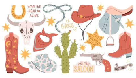 Wild west set. Flat design set with cowboy hat boots handgun cactus lasso saloon Stock Illustration
