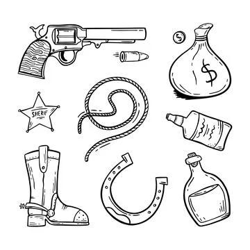 Wild West set Hand-drawn in doodle style Good for printing Symbol of Western Stock Illustration