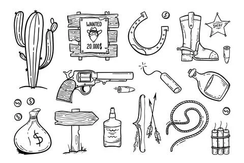Wild West set Hand-drawn in doodle style Good for printing Symbol of Western  Stock Illustration