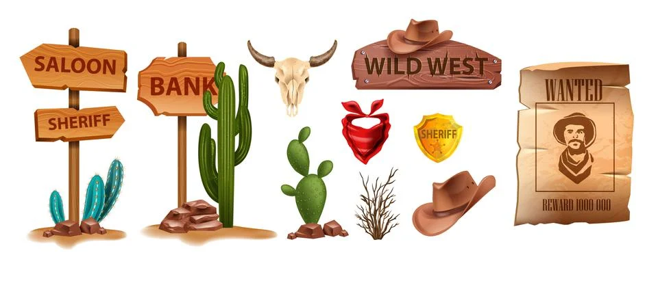 Wild west vector icon set, cartoon game UI cowboy object sheriff golden badge Stock-Illustration