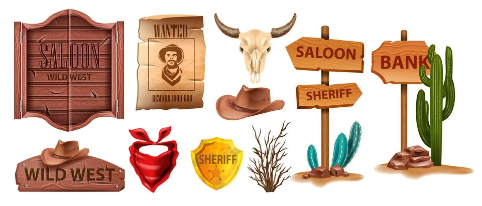 Wild west vector icon set, western wooden signboard, vintage saloon door Illustrazione stock