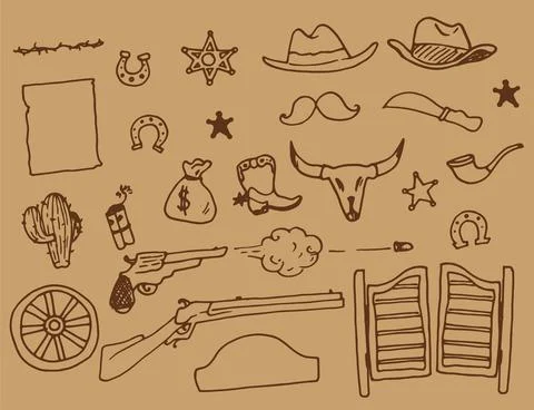 Wild West vector set. hand-drawn doodle-style vintage elements of wild Western Stock Illustration