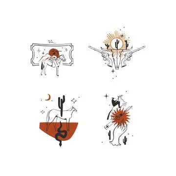 Wild West Western Vector Collection with Cowboy, Cowgirl, Horse, Boots, Cactus Stock Illustration