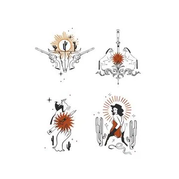 Wild West Western Vector Collection with Cowboy, Cowgirl, Horse, Boots, Cactus Stock Illustration