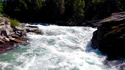 Wild Whitewater Flow in Mountain River, Oppdal Norway Stock Footage 318537568