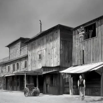 Wild wild west ghost town old saloon wooden building awnings Ilustración de archivo