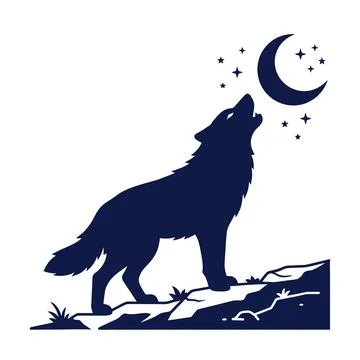Wild wolf howling at crescent moon silhouette for night wilderness and natu.. Stock Illustration