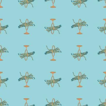 Wild zoo seamless pattern with doodle jumping tigers print. Blue bright backg Stock Illustration