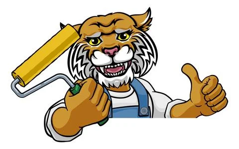 Wildcat Painter Decorator Paint Roller Mascot Man Stock Illustration