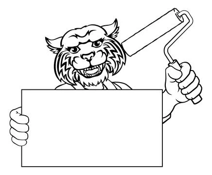 Wildcat Painter Decorator Paint Roller Mascot Man Stock Illustration