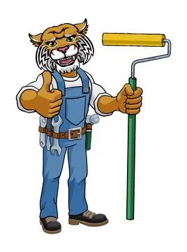 Wildcat Painter Decorator Paint Roller Mascot Man イラスト素材