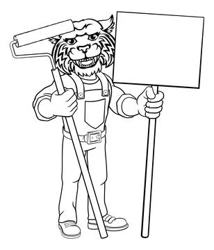 Wildcat Painter Decorator Paint Roller Mascot Man Illustrazione stock