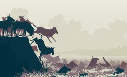 Wildebeest river crossing Stock-Illustration