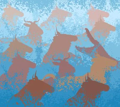 Wildebeest swimming river Stock Illustration