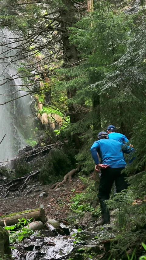 Wilderness Explorers Approaching a Breathtaking Waterfall in a Secluded Fores Stock Footage 285398837
