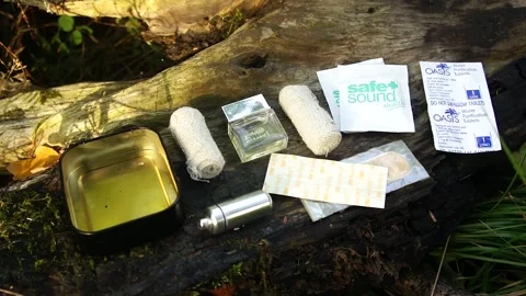 Wilderness First Aid Kit. First Aid Kit for Camping and Bushcraft Stock Footage 306849598