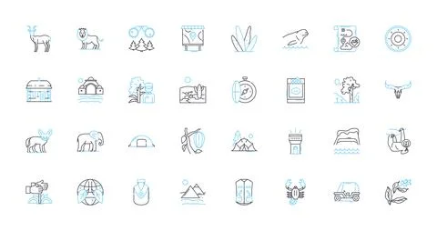 Wilderness linear icons set. Forest, Mountains, River, Lake, Wildlife, Nature Stock Illustration