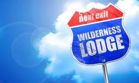 Wilderness lodge, 3D rendering, blue street sign Stock Illustration