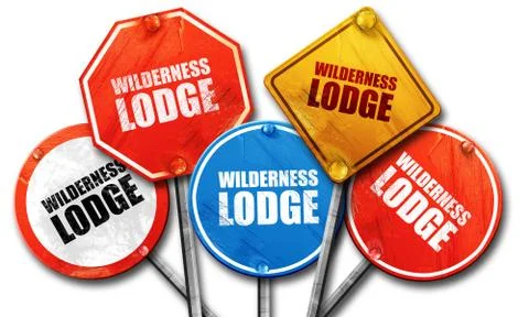 Wilderness lodge, 3D rendering, street signs Stock Illustration