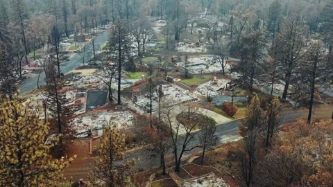 Wildfire aftermath showing a devastated neighborhood Vidéo 332960443