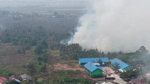 Wildfire Burning Dangerous Close to Residential Area and Primary School Stock Footage 346194761