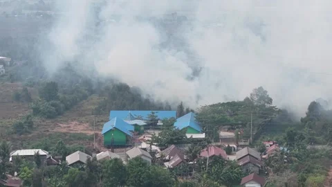 Wildfire Burning Dangerous Close to Residential Area and Primary School Stock Footage 346194792