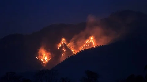Wildfire Burning On Mountain 4K Time Lapse (zoom out) Stock Footage 73362712