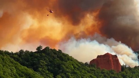 Wildfire in a forest, drone view of clouds of smoke with a helicopter flying Stock Footage 316685692