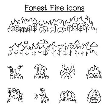 Wildfire, forest fire icon set in thin line style Stock Illustration