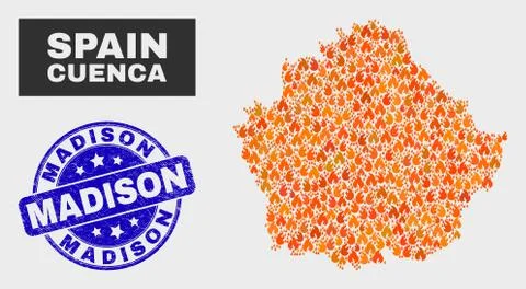 Wildfire Mosaic Cuenca Province Map and Distress Madison Watermark Illustrazione stock