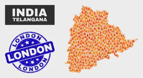 Wildfire Mosaic Telangana State Map and Grunge London Watermark イラスト素材