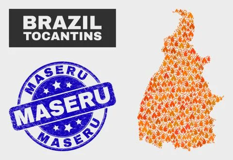 Wildfire Mosaic Tocantins State Map and Grunge Maseru Seal Stock Illustration