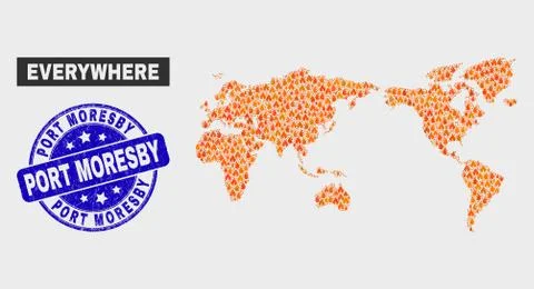 Wildfire Mosaic World Map and Distress Port Moresby Stamp 스톡 일러스트