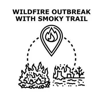 Wildfire outbreak location with smoke trail icon Stock Illustration